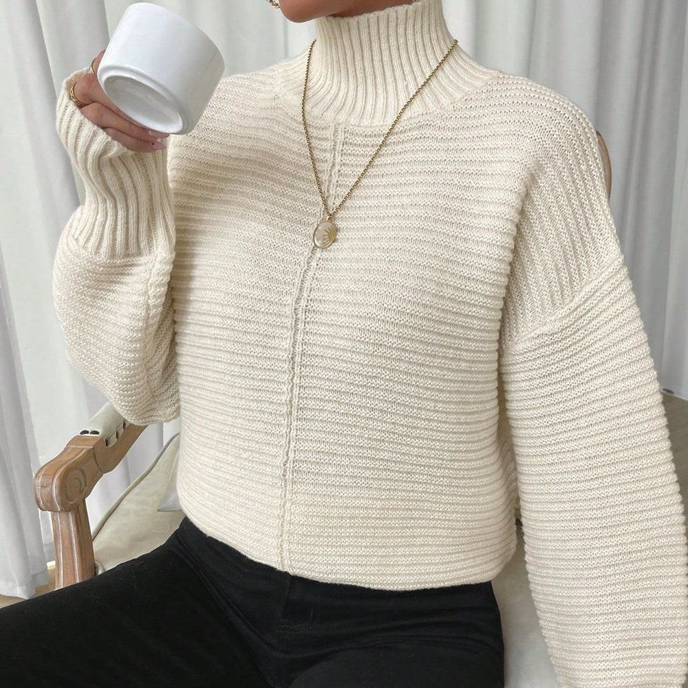 Apricot Casual Womens High Neck Drop Shoulder Split Hem Sweater - Picture 5 of 5